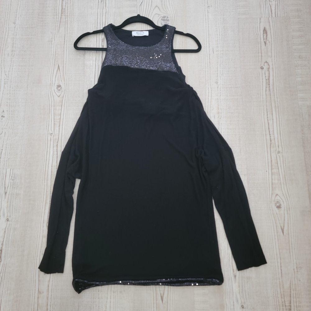 Bailey 44 Black Cold-Shoulder Shimmering Sequin Soft Sweater Tunic Top Medium